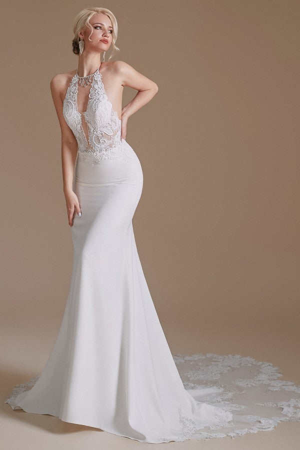 New Arrival Long Mermaid Backless Halter Wedding Dress with Lace Appliques