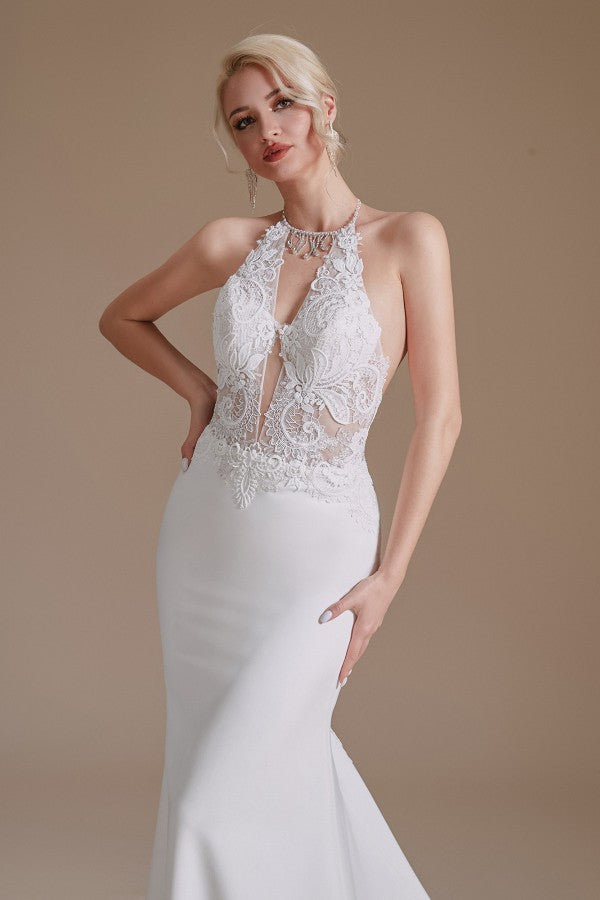 New Arrival Long Mermaid Backless Halter Wedding Dress with Lace Appliques