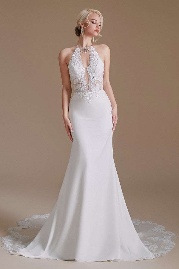 New Arrival Long Mermaid Backless Halter Wedding Dress with Lace Appliques