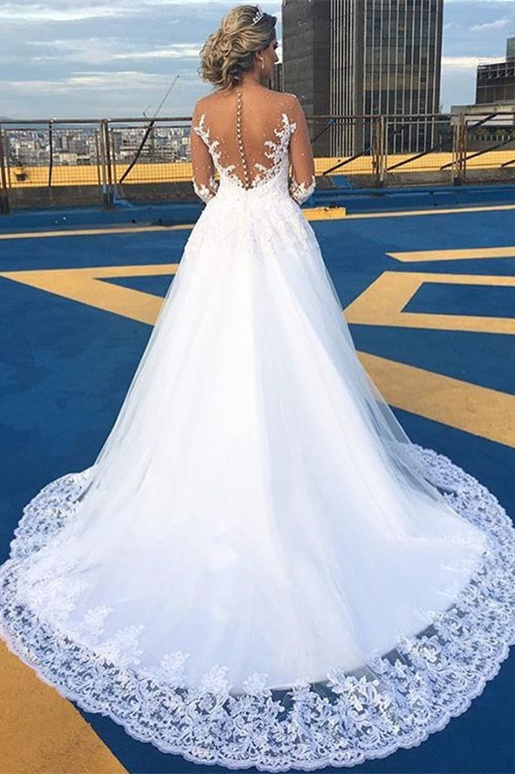 New Arrival Long Sleeves A Line Lace Wedding Dress With V-Neck