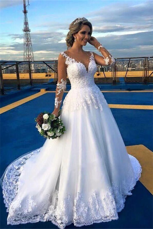 New Arrival Long Sleeves A Line Lace Wedding Dress With V-Neck