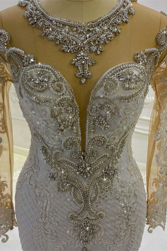 New Arrival Long Sleeves Mermaid Wedding Dress with Beadings and Appliques
