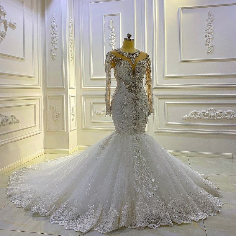 New Arrival Long Sleeves Mermaid Wedding Dress with Beadings and Appliques