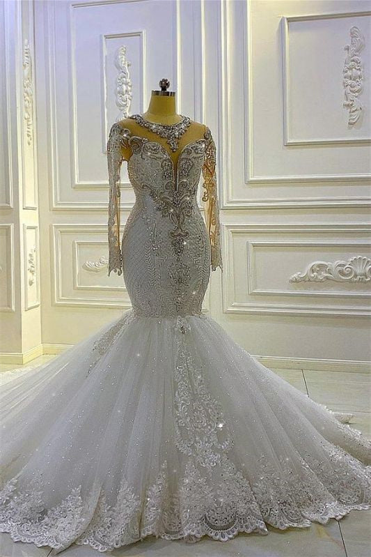 New Arrival Long Sleeves Mermaid Wedding Dress with Beadings and Appliques