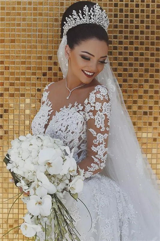 New Arrival Long Sleeves Mermaid Wedding Dress with Lace Appliques