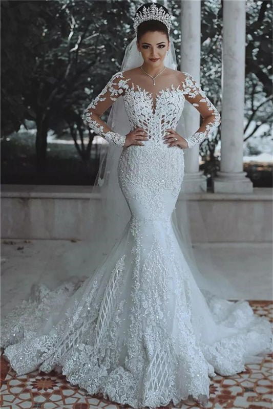 New Arrival Long Sleeves Mermaid Wedding Dress with Lace Appliques