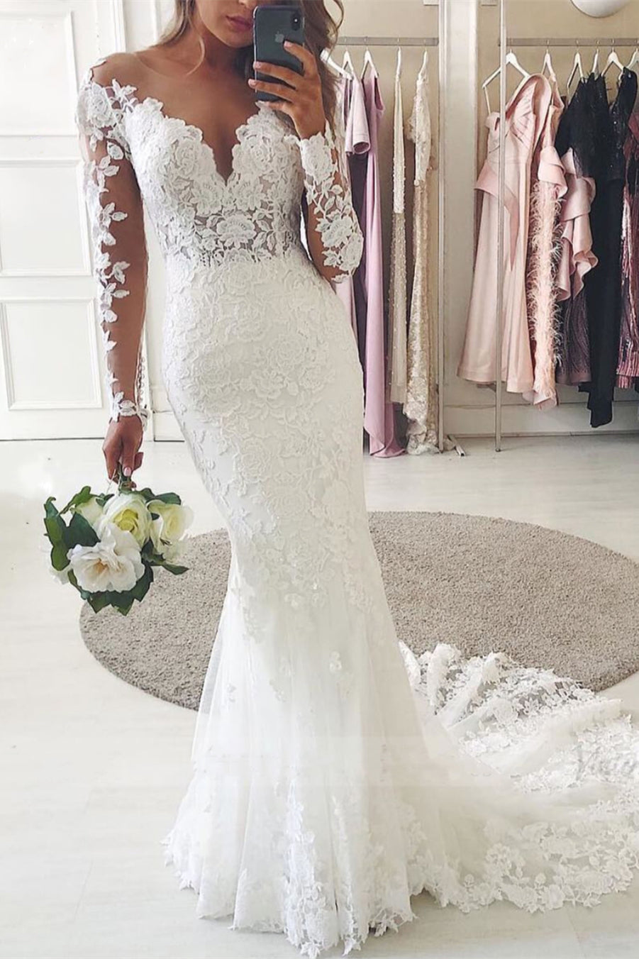 New Arrival Sweetheart Long Sleeves Lace Beach Wedding Dress Mermaid