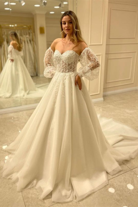 New Arrival Sweetheart Tulle Lace Wedding Dress with Bubble Sleeves