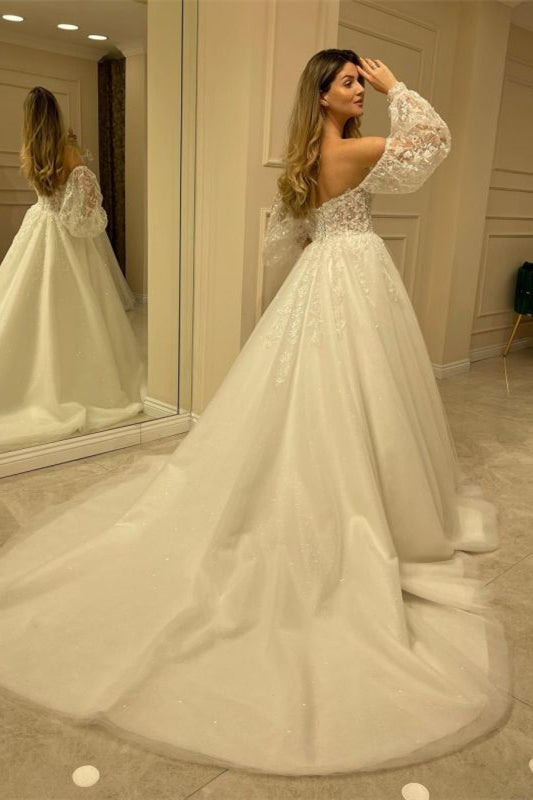New Arrival Sweetheart Tulle Lace Wedding Dress with Bubble Sleeves