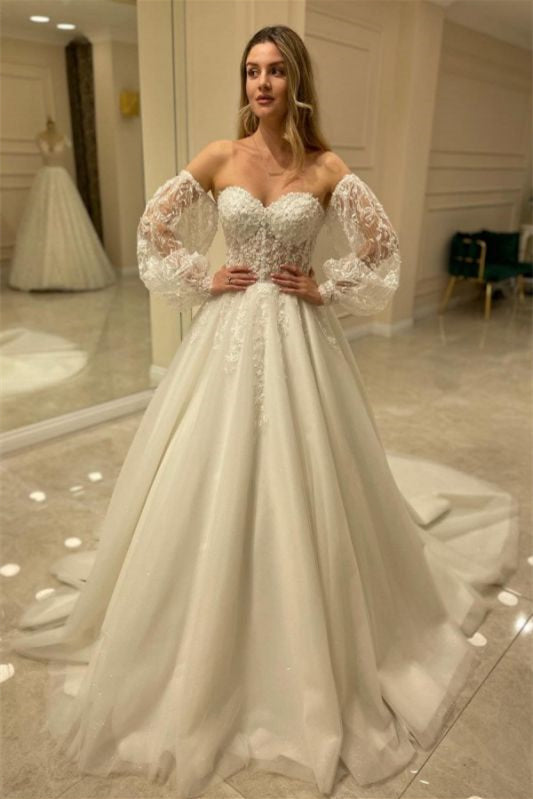 New Arrival Sweetheart Tulle Lace Wedding Dress with Bubble Sleeves