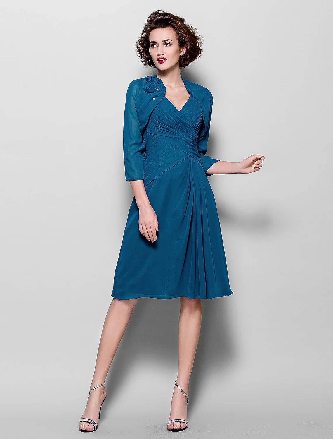Aimishang  A-Line Mother of the Bride Dress Wrap Included V Neck Knee Length Chiffon 3/4 Length Sleeve with Criss Cross Side Draping Flower