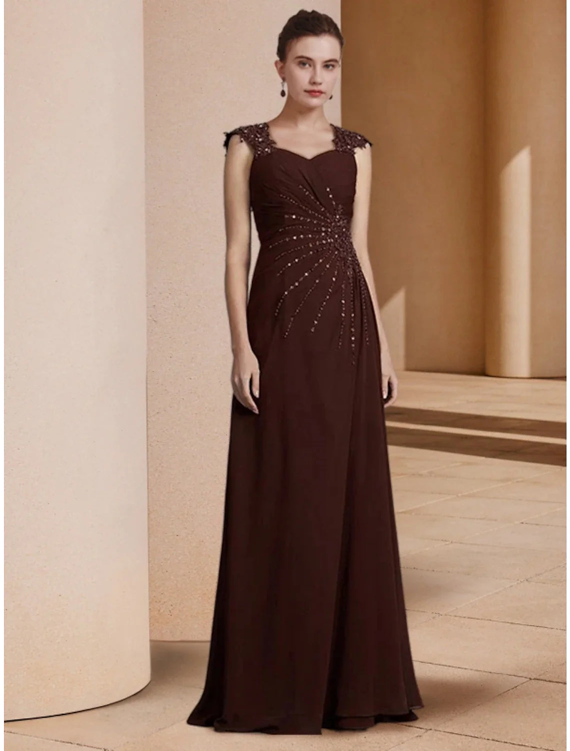 Aimishang Sheath / Column Mother of the Bride Dress Wedding Guest Elegant Scoop Neck Floor Length Stretch Chiffon Long Sleeve with Sequin Ruching