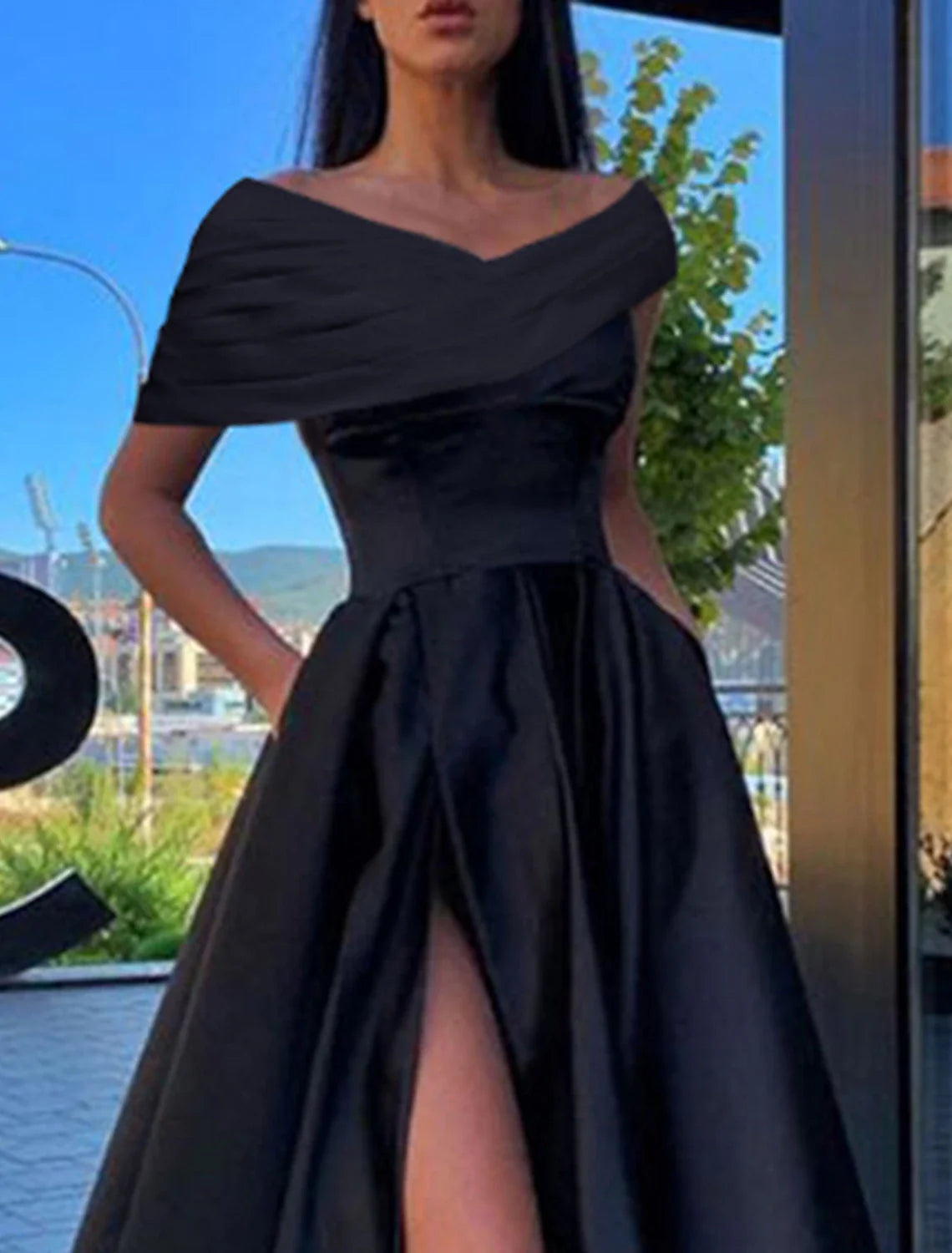 Aimishang A-Line Prom Dresses Black Dress Formal Wedding Party Floor Length Short Sleeve Off Shoulder Satin with Ruched Slit