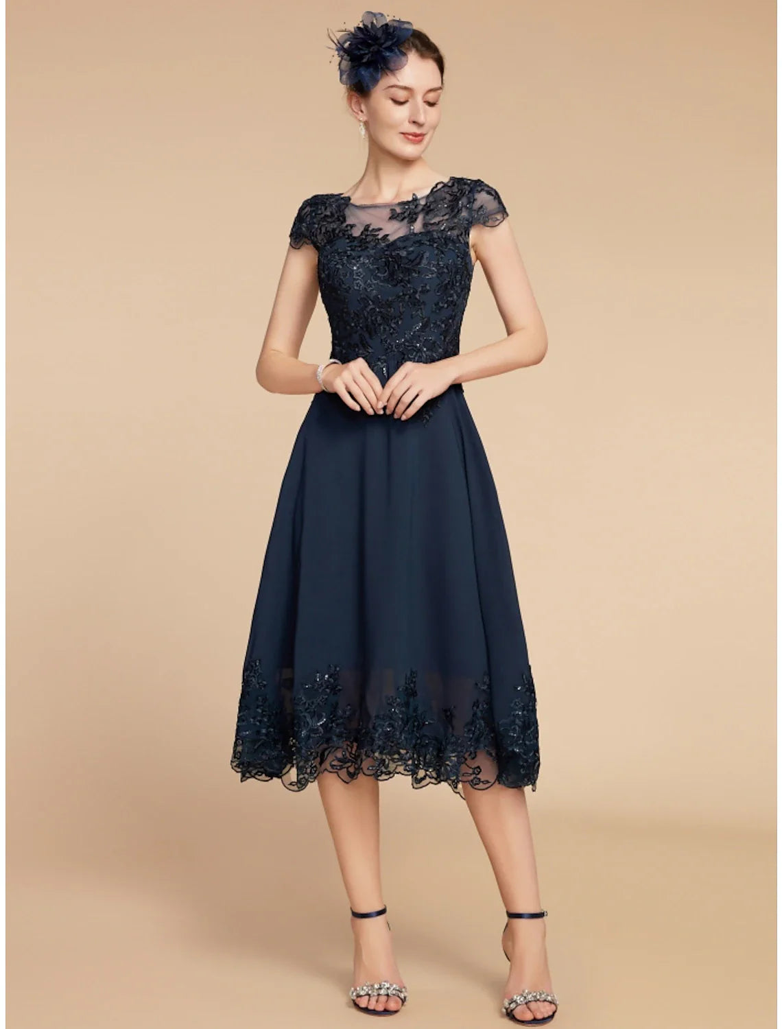 Aimishang  A-Line Mother of the Bride Dress Wedding Guest Elegant Petite Scoop Neck Tea Length Chiffon Lace Cap Sleeve with Sequin Ruching Solid Color