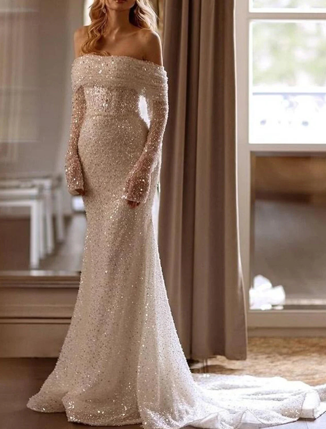 Aimishang Formal Wedding Dresses Mermaid / Trumpet Off Shoulder Long Sleeve Chapel Train Sequined Bridal Gowns With Pleats Solid Color