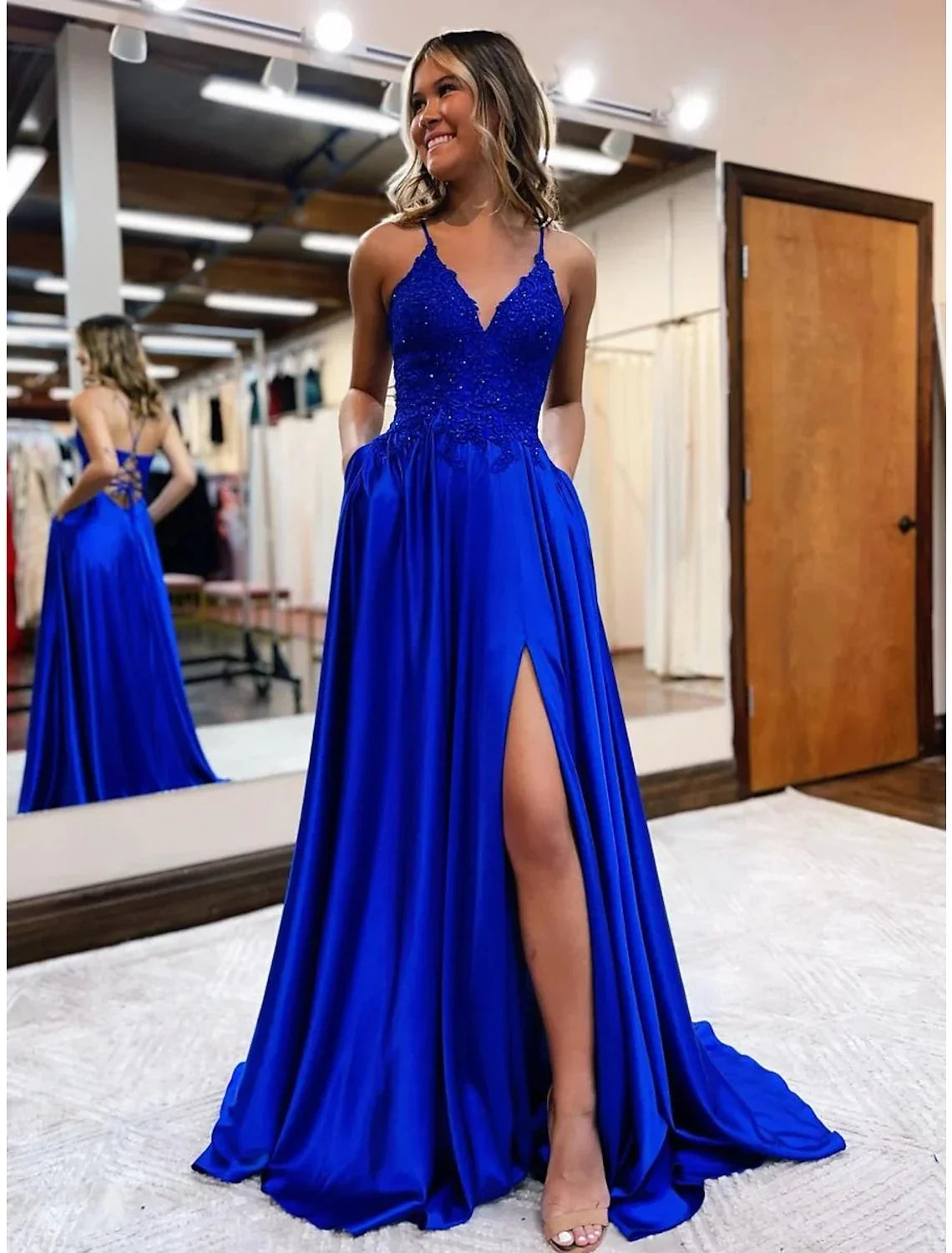 A-Line Prom Dresses Empire Dress Formal Wedding Guest Court Train Sleeveless V Neck Satin Backless with Beading AppliquesA-Line Prom Dresses Empire Dress Formal Wedding Guest Court Train Sleeveless V Neck Satin Backless with Beading Appliques