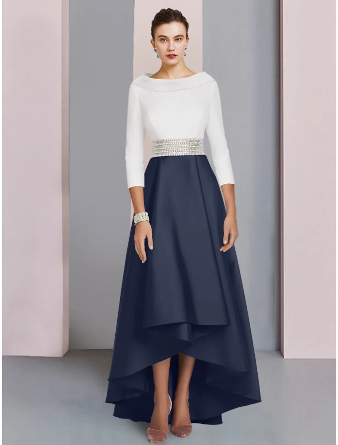 Aimishang  A-Line Mother of the Bride Dress Wedding Guest Elegant Scoop Neck Asymmetrical Floor Length Satin 3/4 Length Sleeve with Sequin Ruching