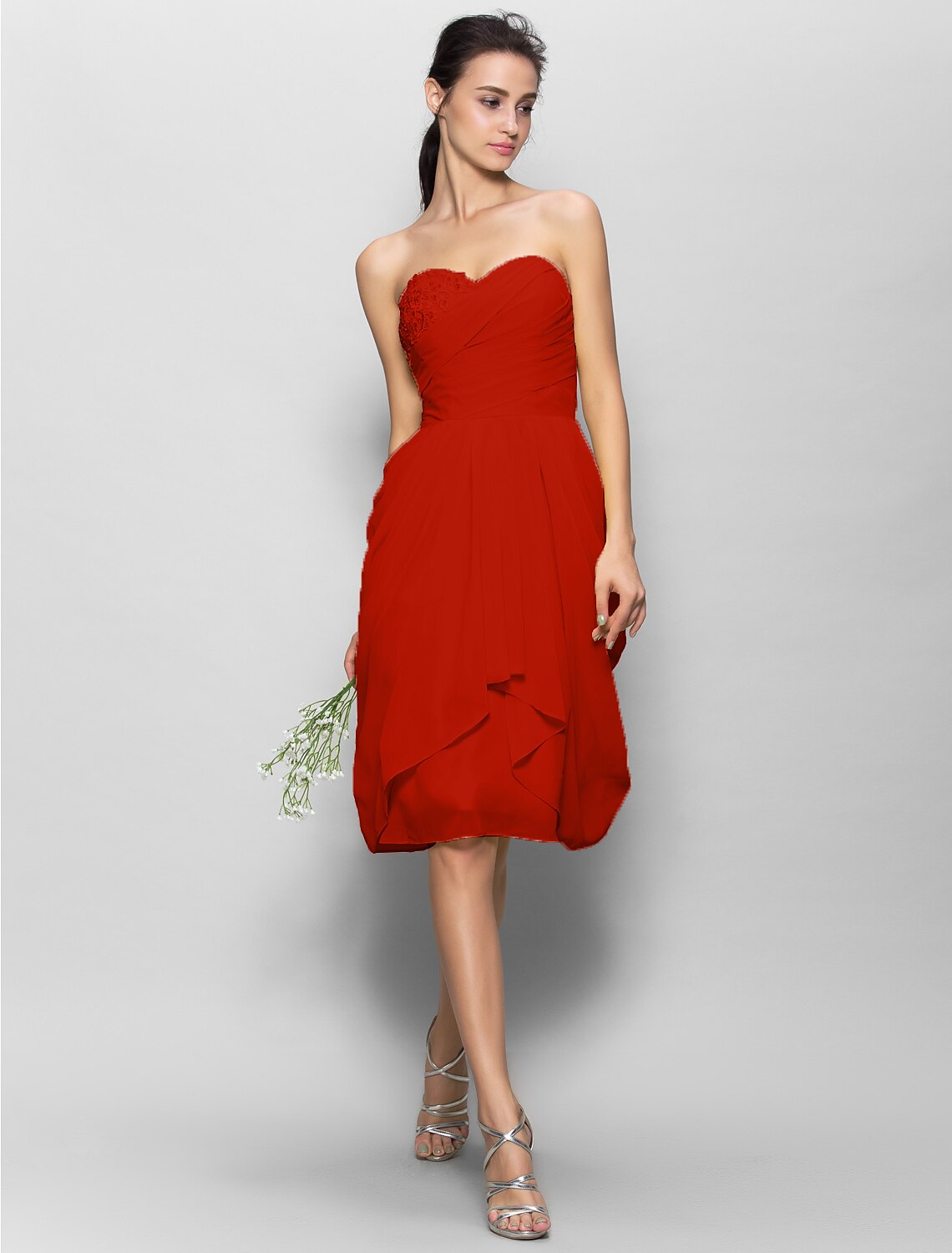 A-Line Sweetheart Neckline Knee Length Chiffon Bridesmaid Dress with Appliques / Side Draping