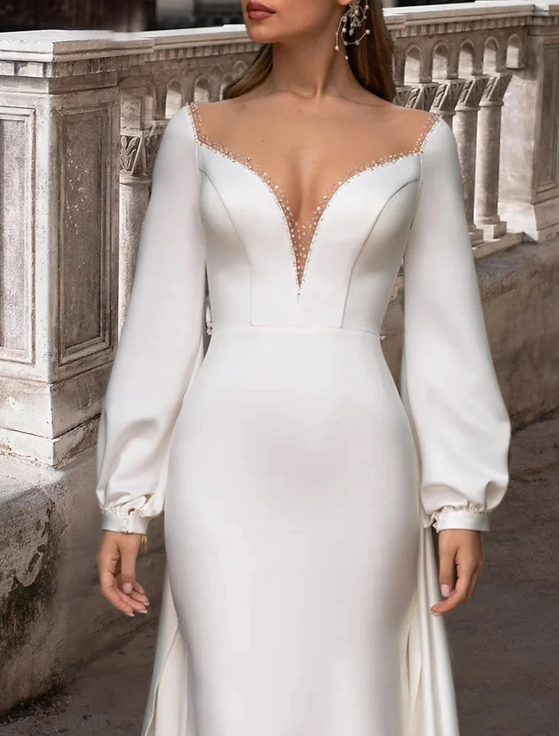 Aimishang Reception Formal Wedding Dresses Two Piece Illusion Neck Scoop Neck Long Sleeve Sweep / Brush Train Satin Bridal Gowns With Solid Color