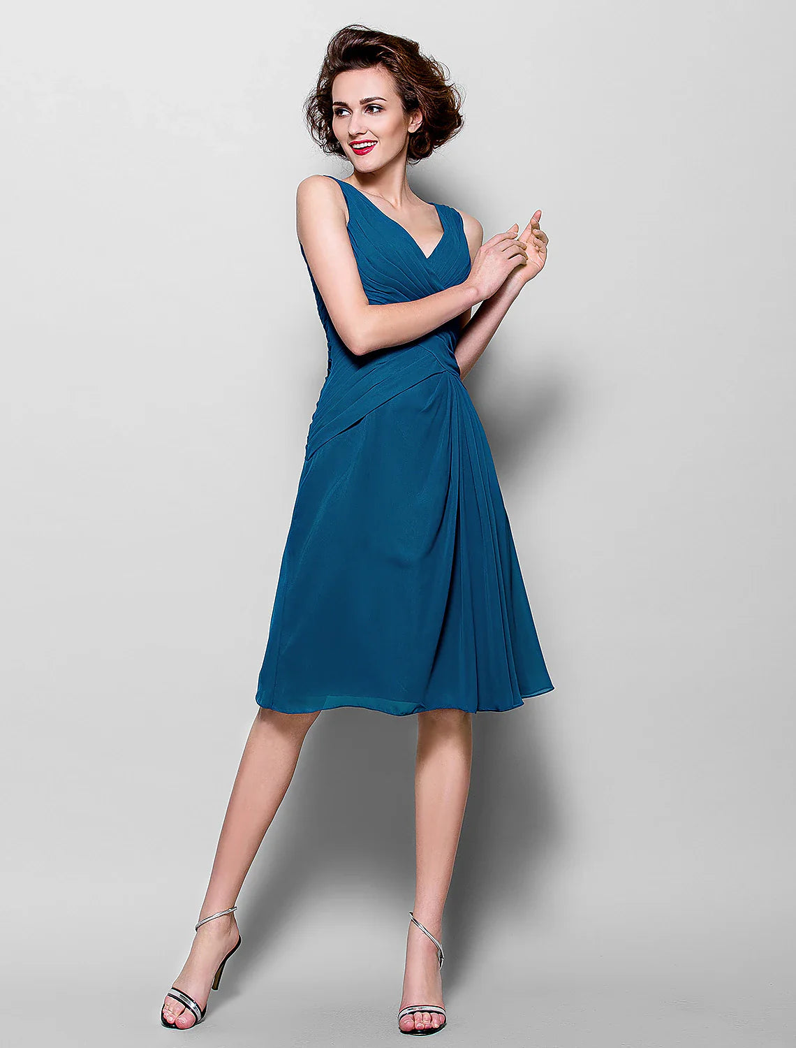 Aimishang  A-Line Mother of the Bride Dress Wrap Included V Neck Knee Length Chiffon 3/4 Length Sleeve with Criss Cross Side Draping Flower