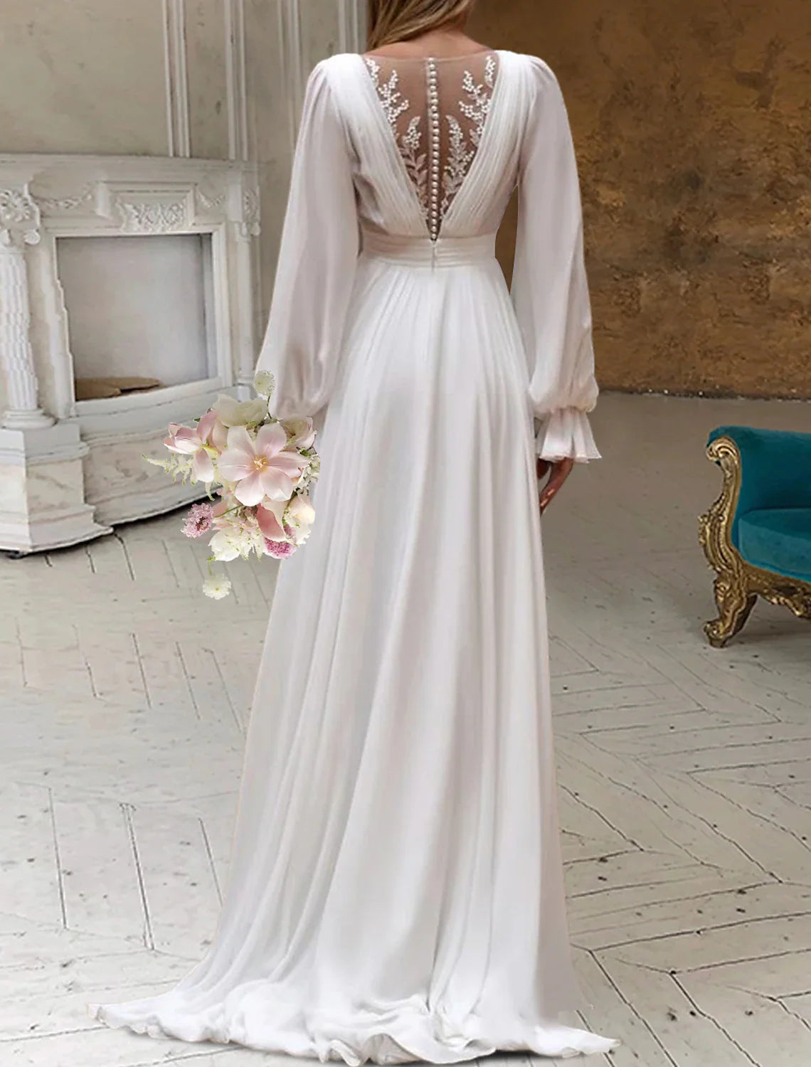 Aimishang Bridal Shower Little White Dresses Wedding Dresses A-Line Scoop Neck Long Sleeve Sweep / Brush Train Chiffon Bridal Gowns With Pleats Appliques