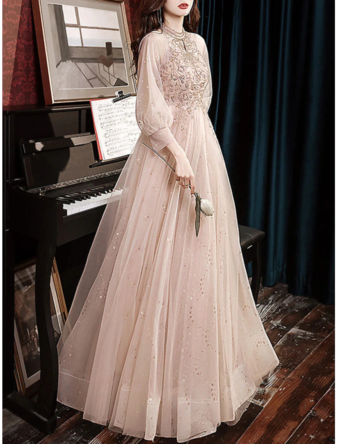 A-Line Sparkle Princess Prom Formal Evening Dress Jewel Neck Long Sleeve Floor Length Tulle with Pleats Beading Sequin