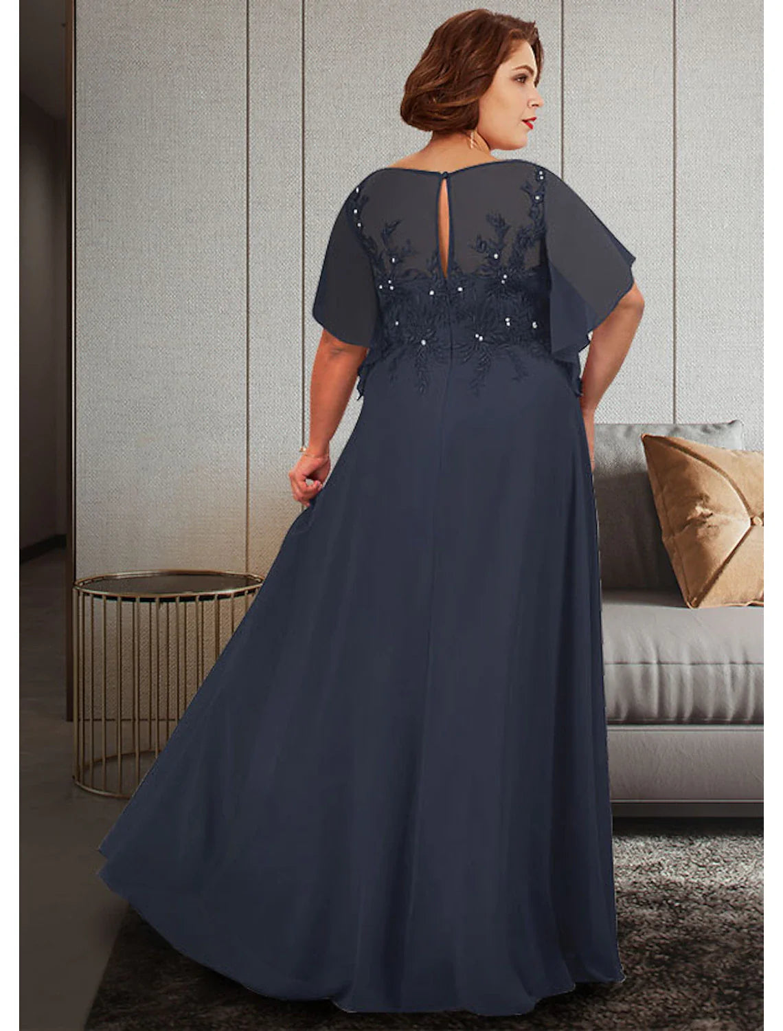 Aimishang A-Line Mother of the Bride Dress Plus Size Elegant Jewel Neck Floor Length Chiffon Lace Half Sleeve with Appliques