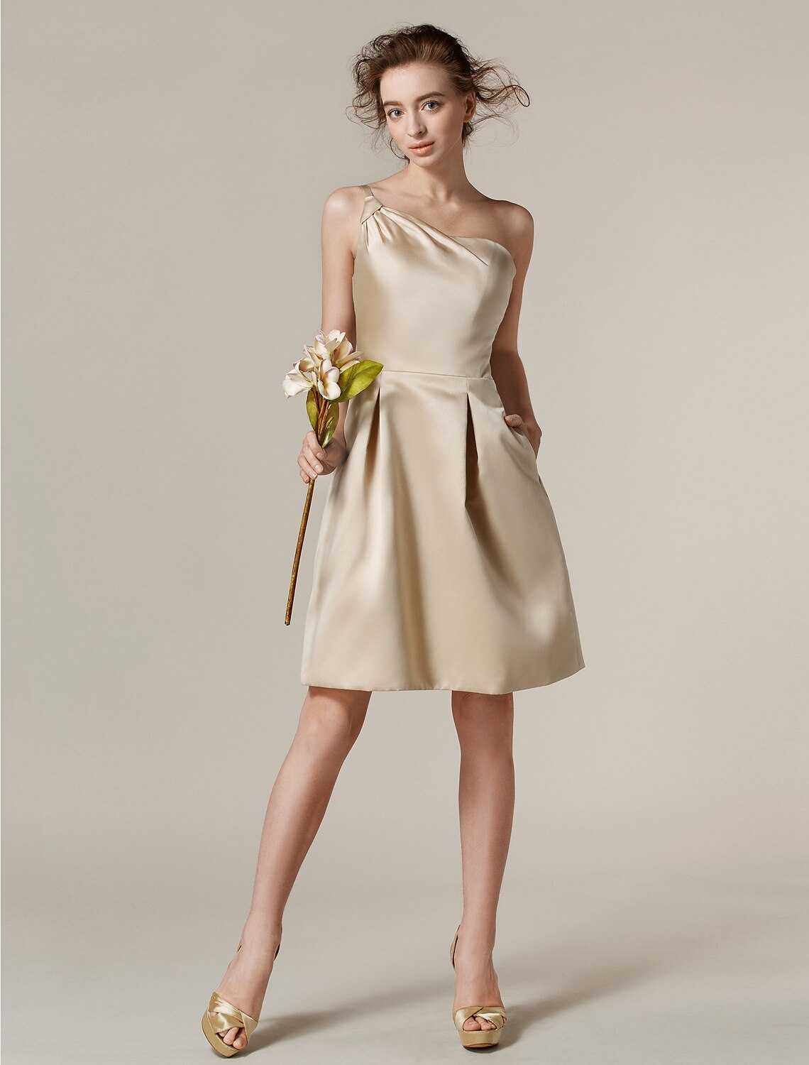 A-Line One Shoulder Knee Length Satin Bridesmaid Dress with Side Draping