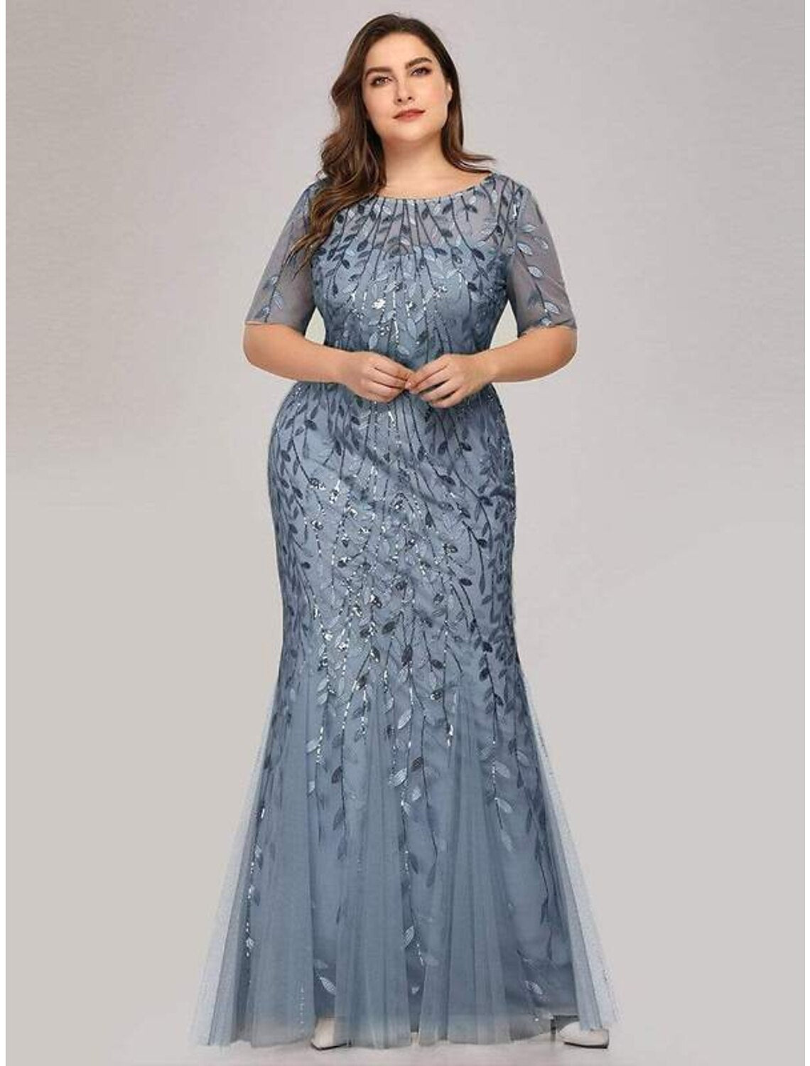 Aimishang Mermaid / Trumpet Empire Elegant Party Wear Formal Evening Dress Jewel Neck Short Sleeve Floor Length Tulle with Embroidery