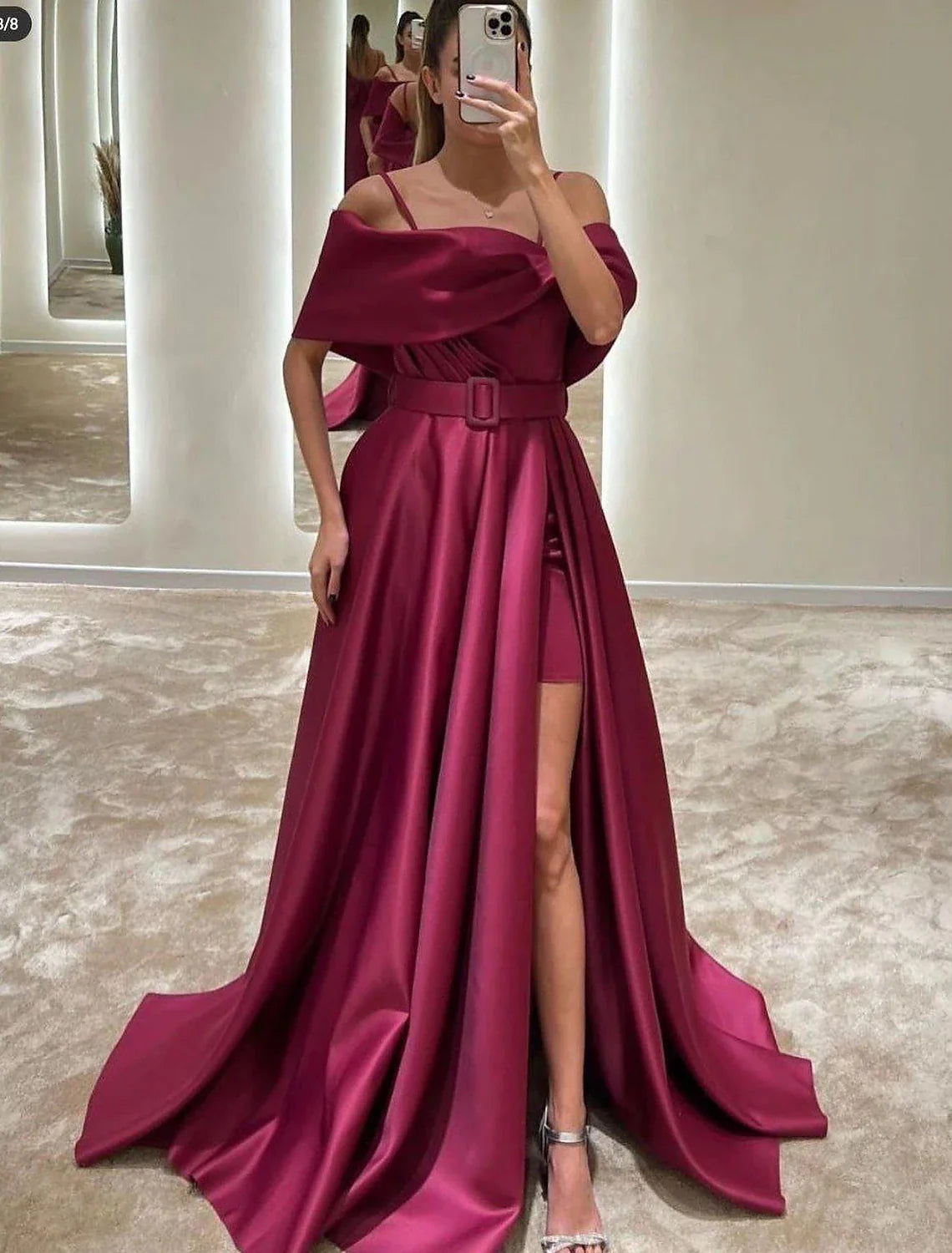 A-Line Evening Gown Elegant Dress Formal Floor Length Sleeveless Off Shoulder Satin with Crystals Slit Strapp