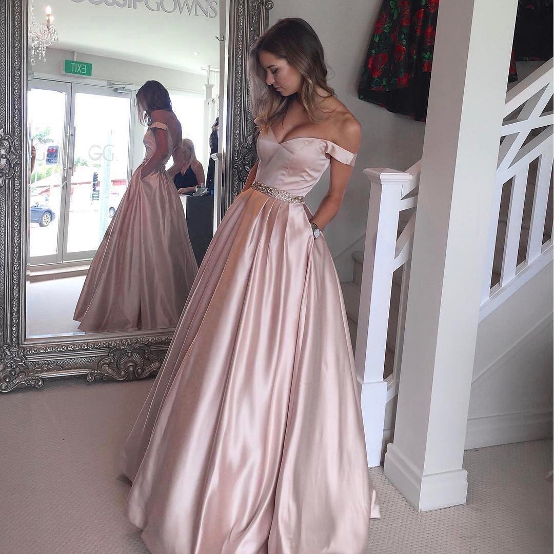 V Neck Off The Shoulder Satin Prom Dresses 2019 Evening Gowns Beaded Sashes