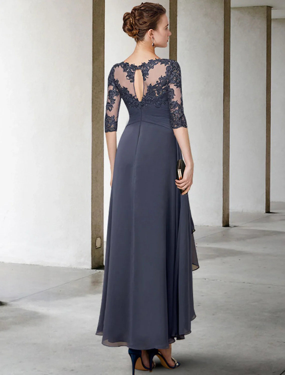 Aimishang  A-Line Mother of the Bride Dress Fall Wedding Guest Plus Size Elegant High Low Jewel Neck Asymmetrical Tea Length Chiffon Lace Half Sleeve with Ruched Appliques