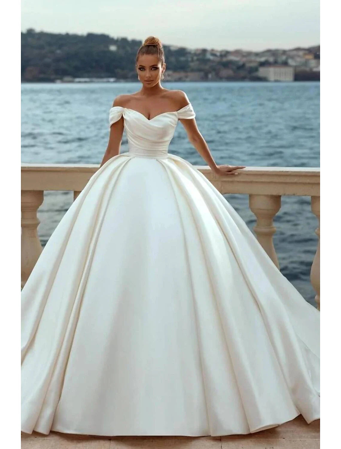 Aimishang Engagement Formal Wedding Dresses Ball Gown Off Shoulder Cap Sleeve Court Train Satin Church Bridal Gowns With Ruched Solid Color Summer Fall Wedding Party