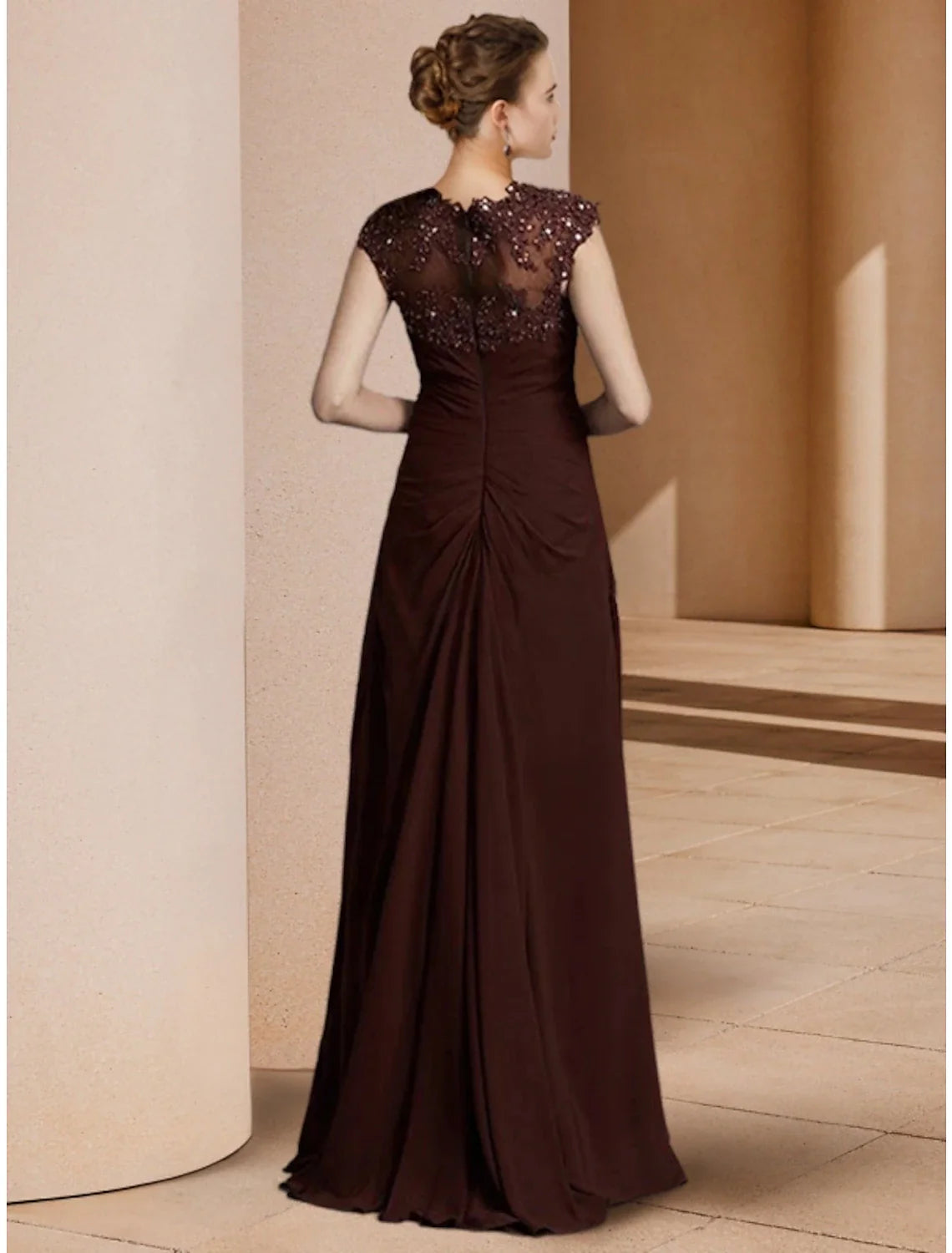 Aimishang Sheath / Column Mother of the Bride Dress Wedding Guest Elegant Scoop Neck Floor Length Stretch Chiffon Long Sleeve with Sequin Ruching