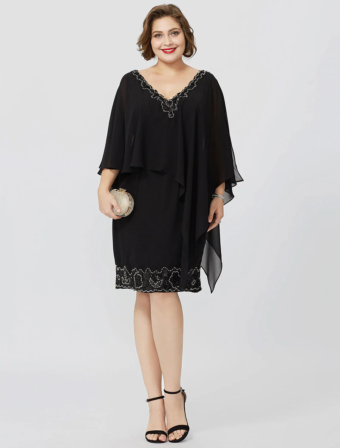Aimishang  Sheath / Column Mother of the Bride Dress Formal Classic & Timeless Elegant & Luxurious Plus Size V Neck Knee Length Chiffon Sleeveless No with Crystals Beading