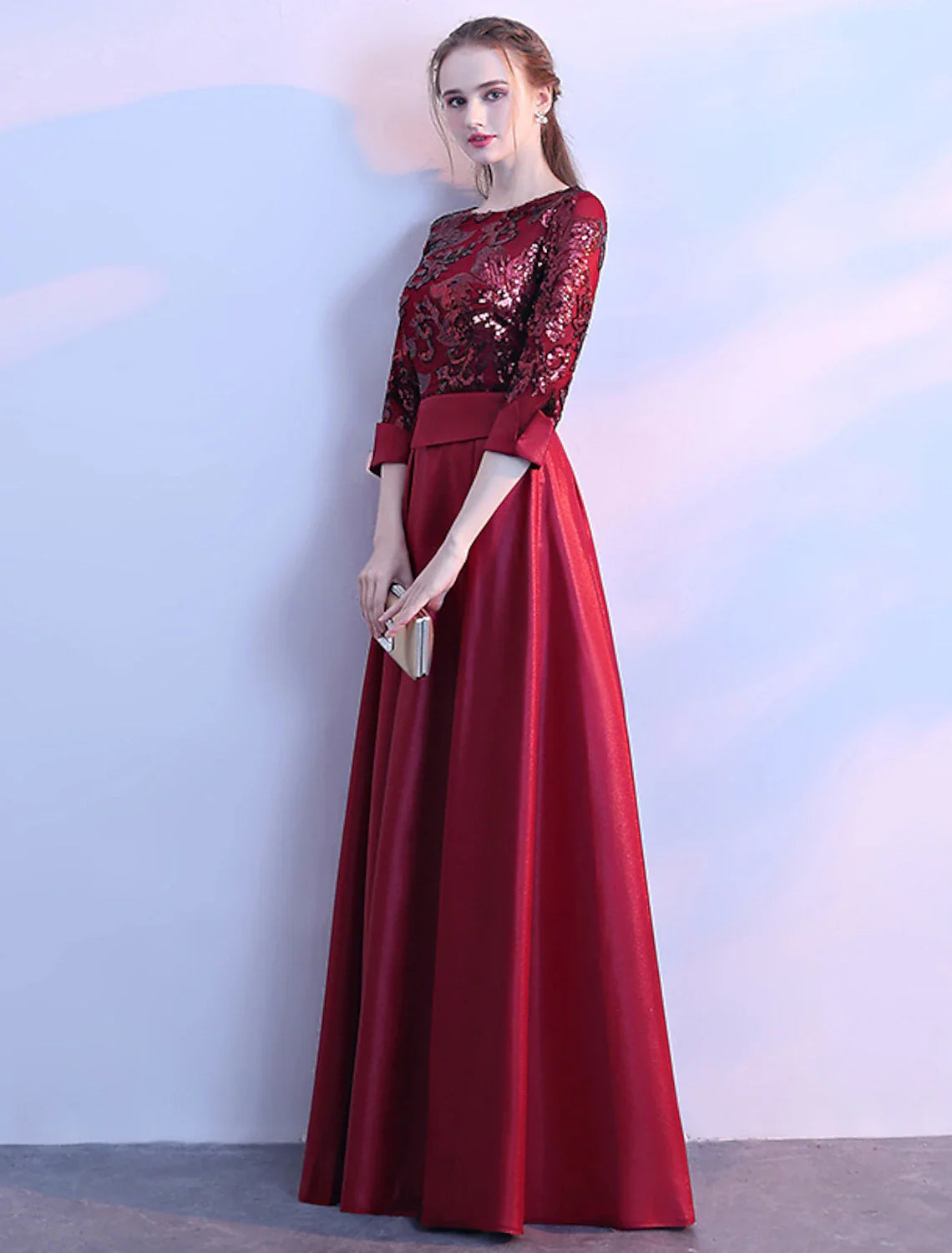 A-Line Bridesmaid Dress Jewel Neck Long Sleeve Beautiful Back Floor Length Satin / Tulle / Sequined with Sash / Ribbon / Pleats