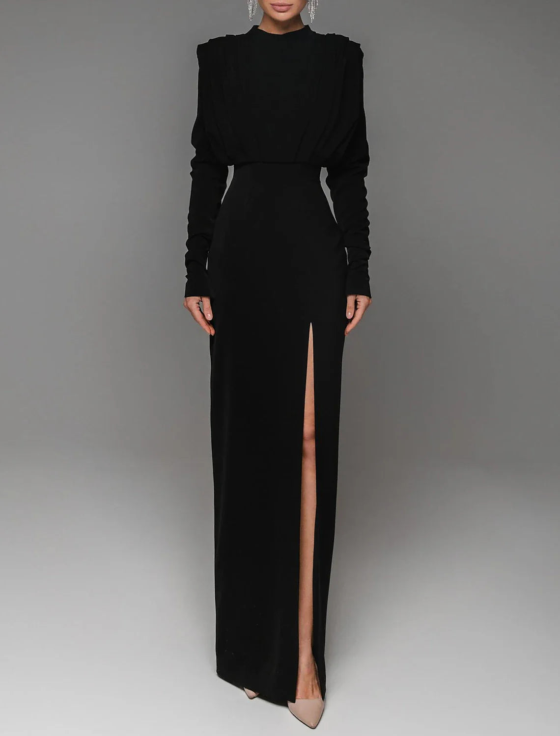 Sheath Evening Gown Elegant Dress Formal Red Green Dress Floor Length Long Sleeve High Neck Stretch Fabric with Ruched Slit