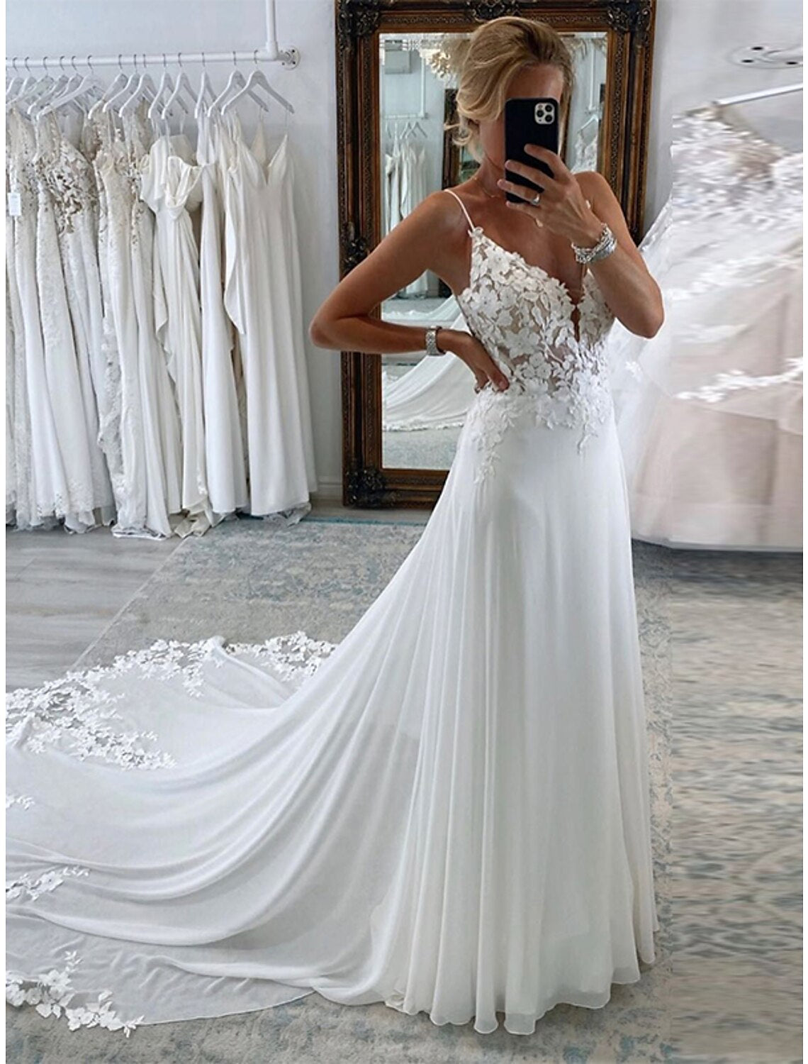 Aimishang Reception Formal Wedding Dresses A-Line Camisole Sleeveless Court Train Chiffon Bridal Suits Bridal Gowns With Appliques