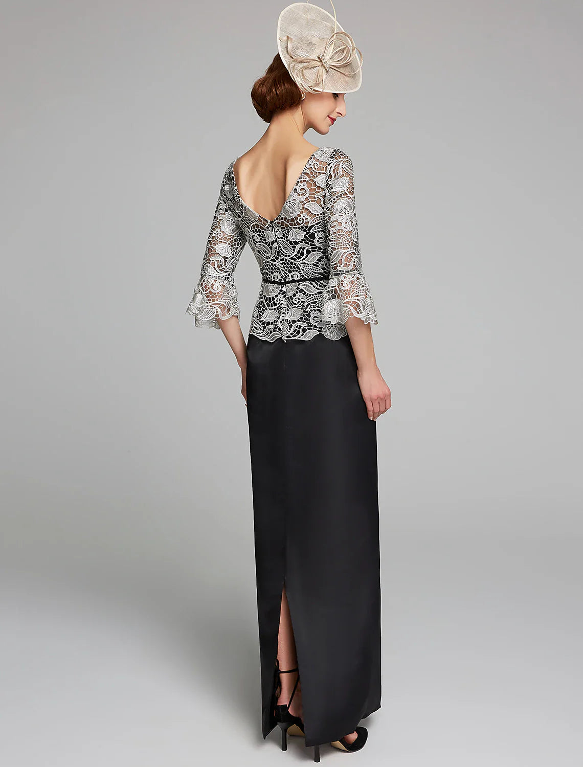 Aimishang Sheath / Column Mother of the Bride Dress Jewel Neck Floor Length Satin Lace 3/4 Length Sleeve with Lace