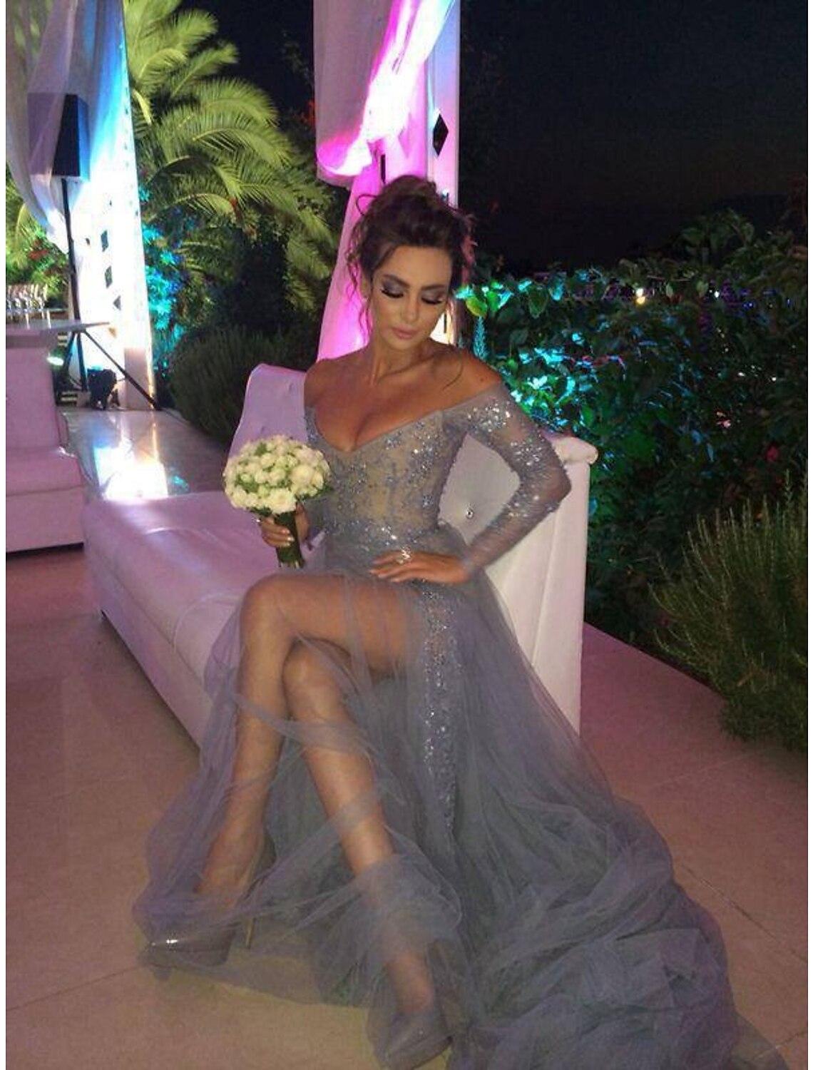 A-Line Sexy Engagement Formal Evening Dress Off Shoulder Long Sleeve Sweep / Brush Train Chiffon with Slit Lace Insert
