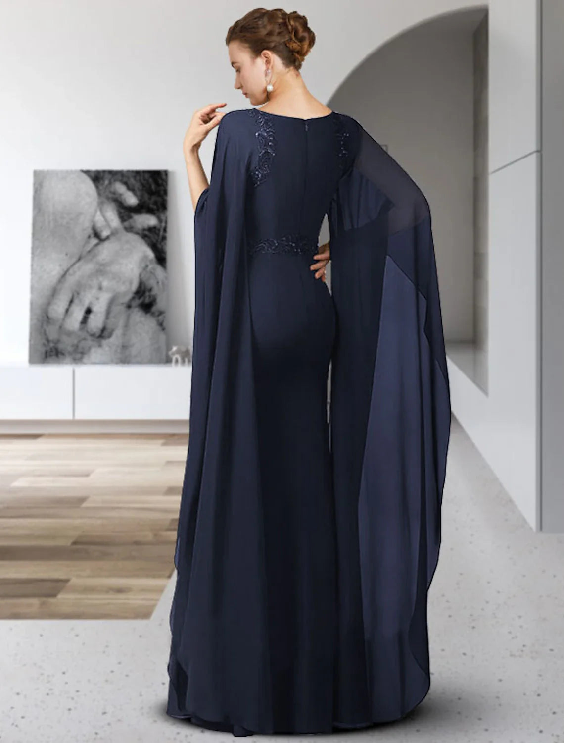 Aimishang Sheath / Column Mother of the Bride Dress Elegant Jewel Neck Floor Length Chiffon Long Sleeve with Sash / Ribbon Appliques