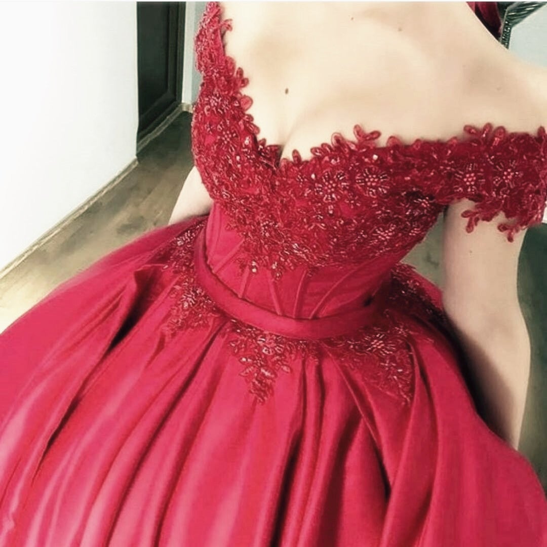off the shoulder lace appliques burgundy satin wedding dresses ball gowns