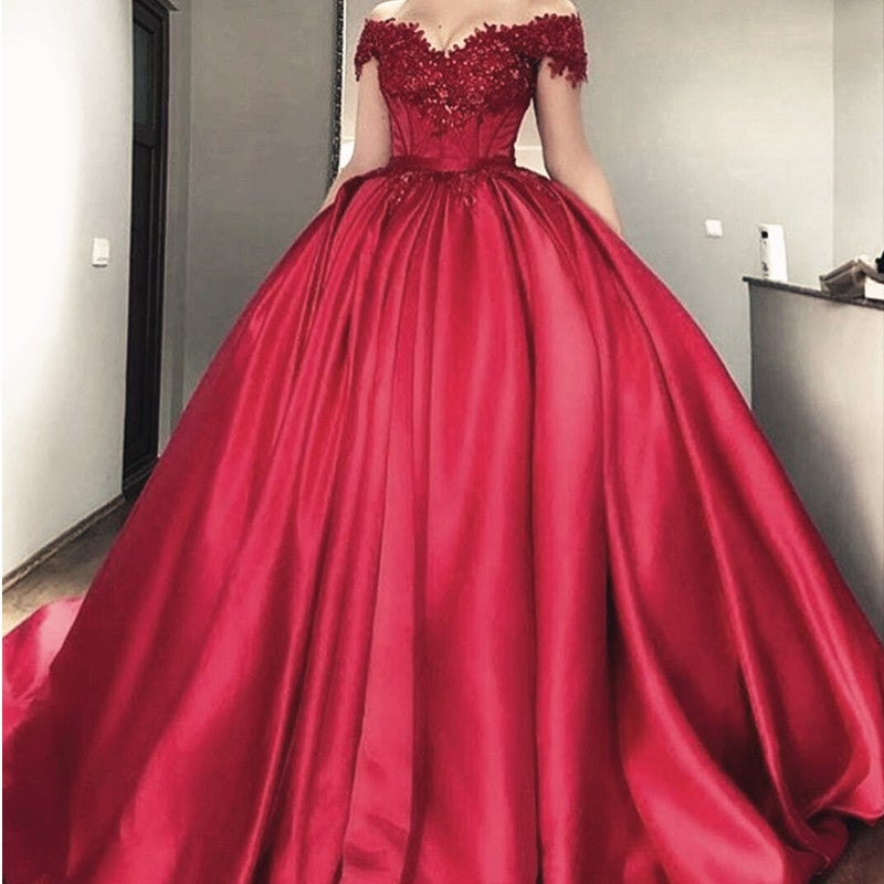 off the shoulder lace appliques burgundy satin wedding dresses ball gowns