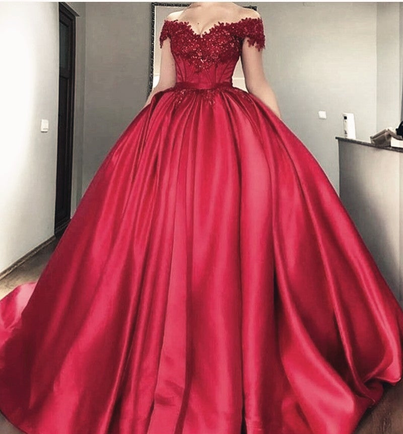 off the shoulder lace appliques burgundy satin wedding dresses ball gowns
