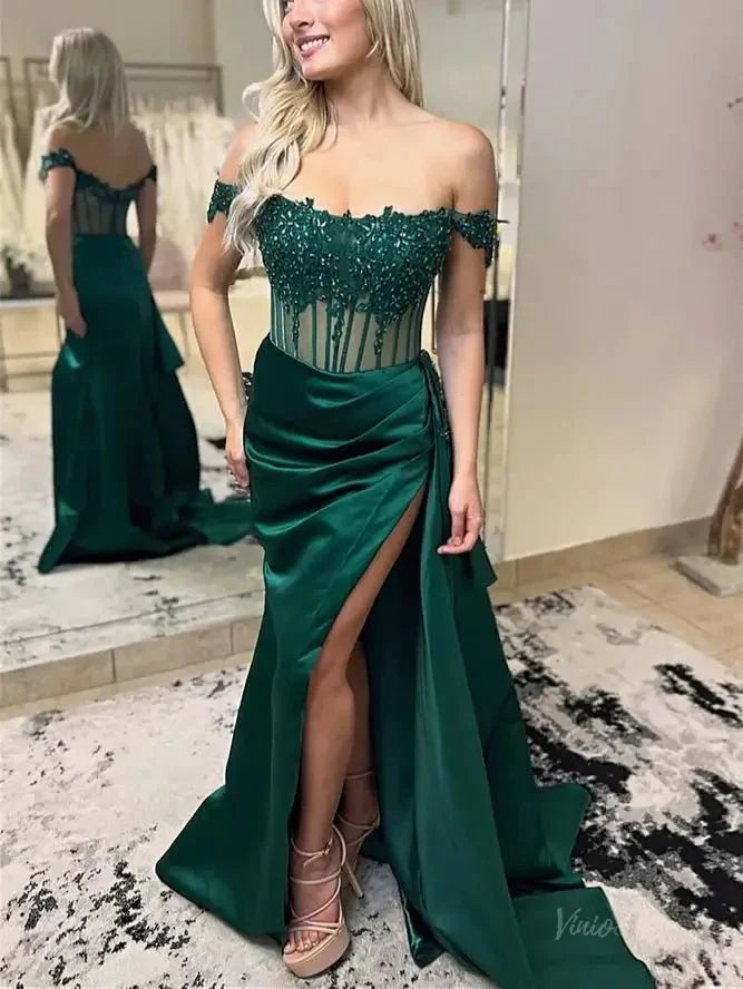 Off the Shoulder Satin Mermaid Prom Dresses 2025 with Slit & Lace Bodice – FD5063