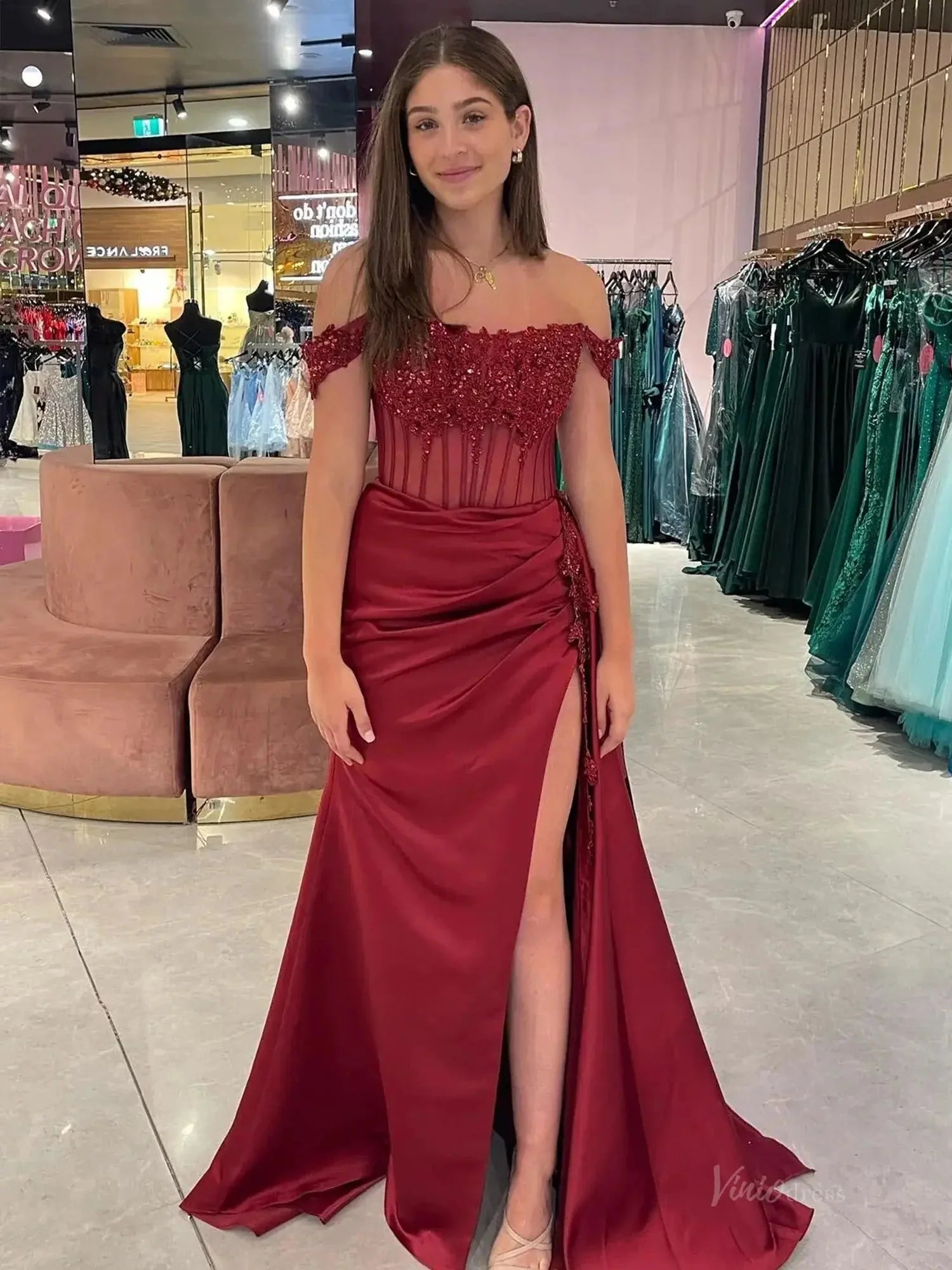 Off the Shoulder Satin Mermaid Prom Dresses 2025 with Slit & Lace Bodice – FD5063
