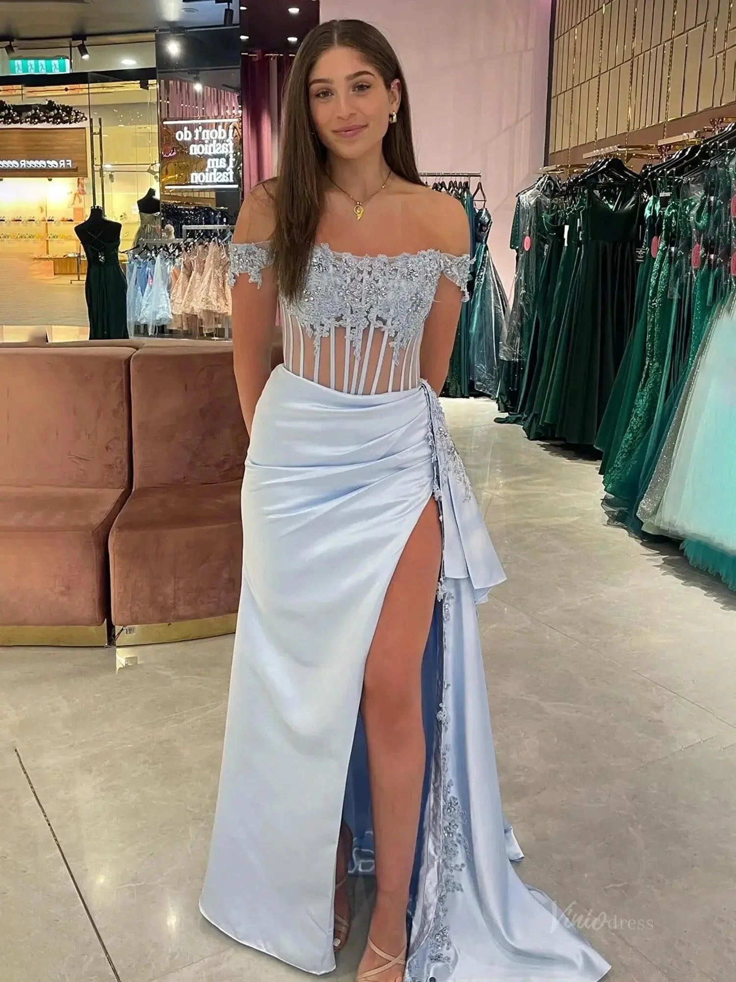 Off the Shoulder Satin Mermaid Prom Dresses 2025 with Slit & Lace Bodice – FD5063