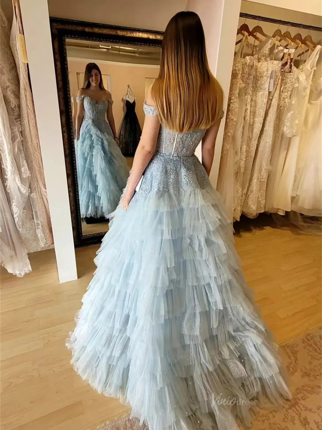 Off the Shoulder Tulle Prom Dresses 2025 Ruffled Lace Formal Gown with Slit FD3729