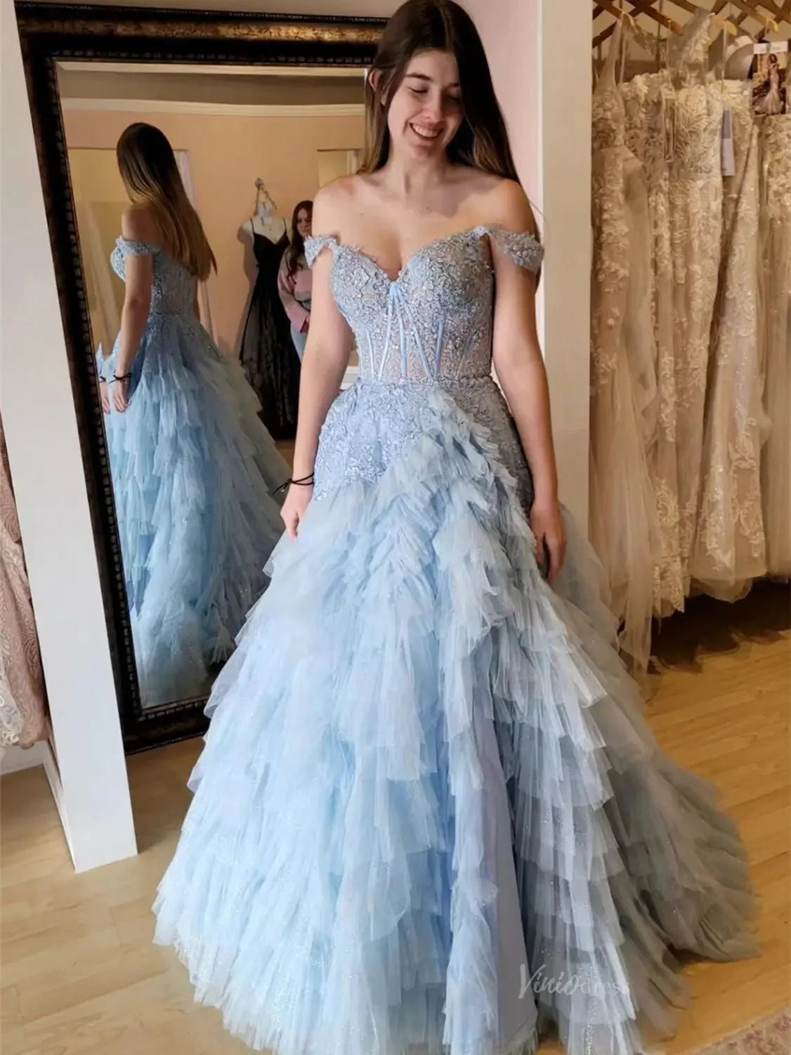 Off the Shoulder Tulle Prom Dresses 2025 Ruffled Lace Formal Gown with Slit FD3729