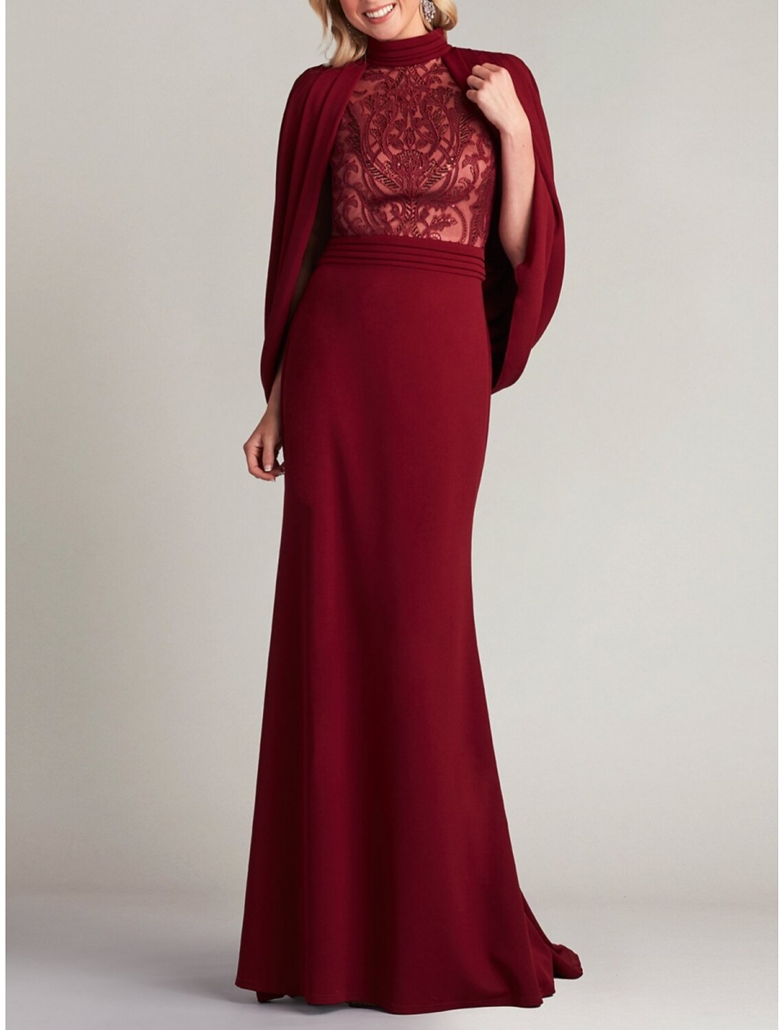 Mermaid / Trumpet Evening Gown Elegant Formal Dress Formal Sweep / Brush Train Long Sleeve High Neck Lace with Pleats Ruched